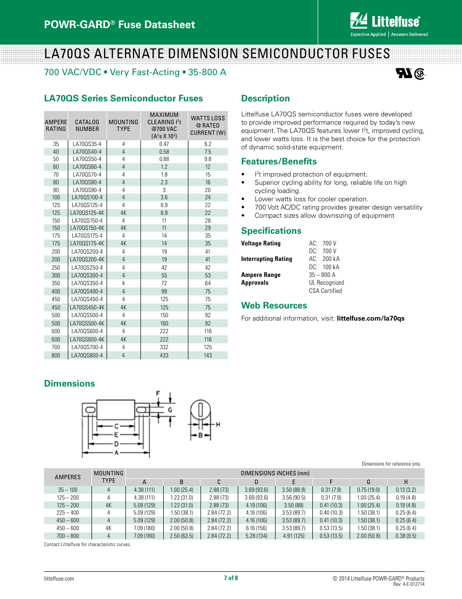 La70qs alternate dimension semiconductor fuses, Powr-gard, Fuse datasheet | Description, Features/benefits, Specifications, Web resources, Dimensions la70qs series semiconductor fuses | Littelfuse KLC Series User Manual | Page 7 / 8