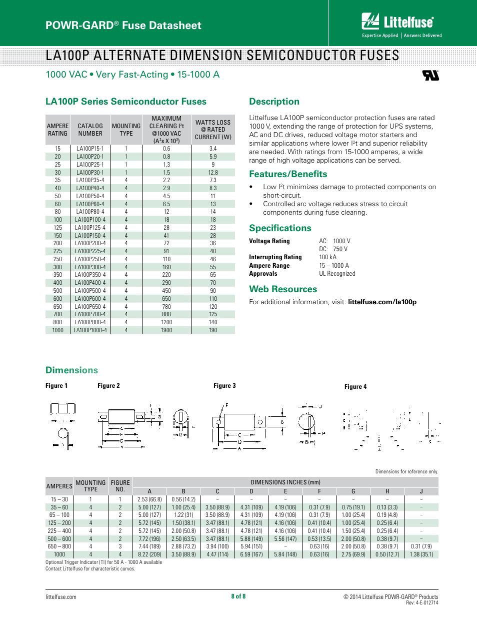 La100p alternate dimension semiconductor fuses, Powr-gard, Fuse datasheet | Features/benefits, Specifications, Web resources, Dimensions la100p series semiconductor fuses | Littelfuse KLC Series User Manual | Page 8 / 8