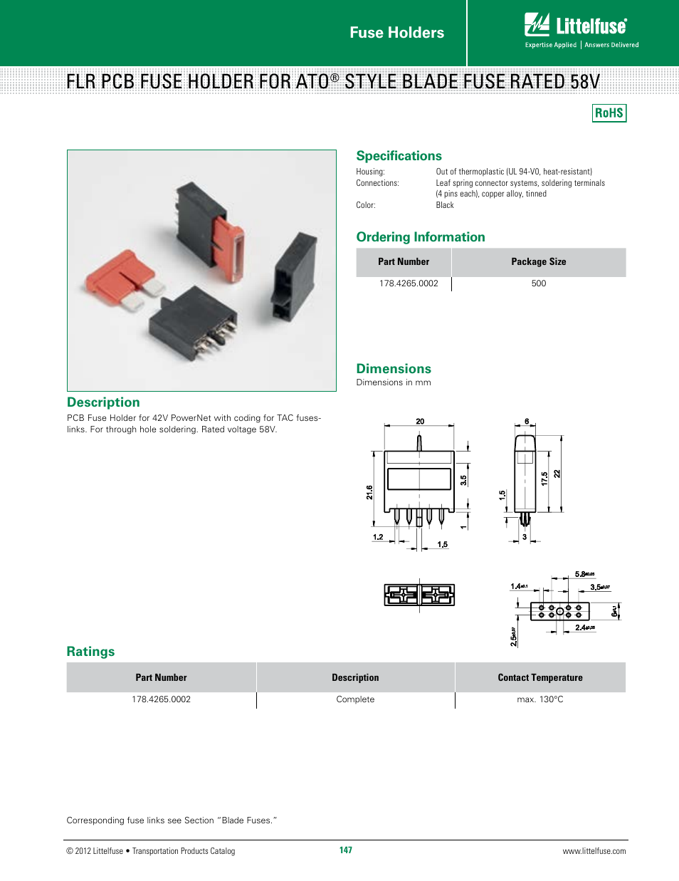 Littelfuse FLR PCB ATO Style Series User Manual | 1 page