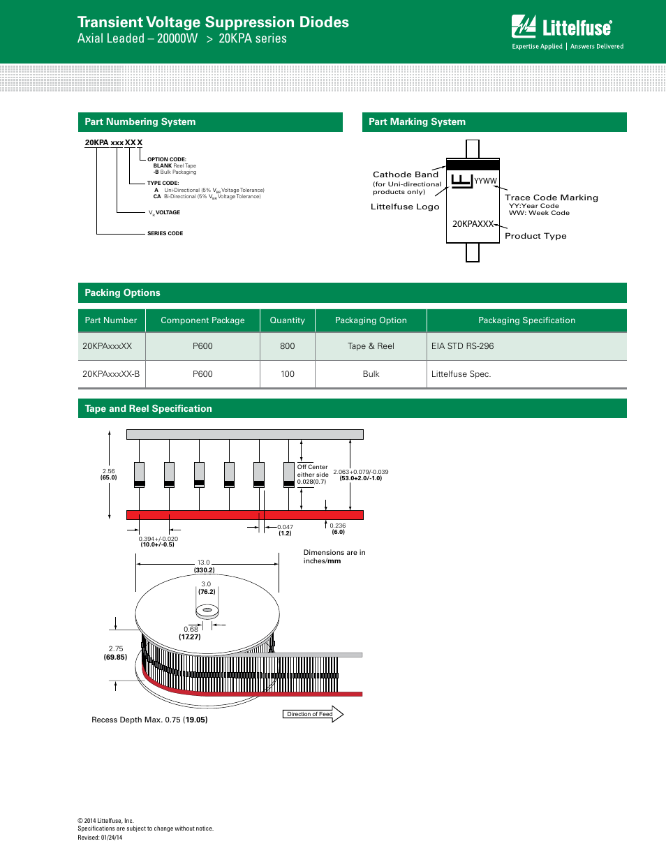 Transient voltage suppression diodes, Part numbering system packing options, Part marking system | Tape and reel specification | Littelfuse 20KPA Series User Manual | Page 6 / 6