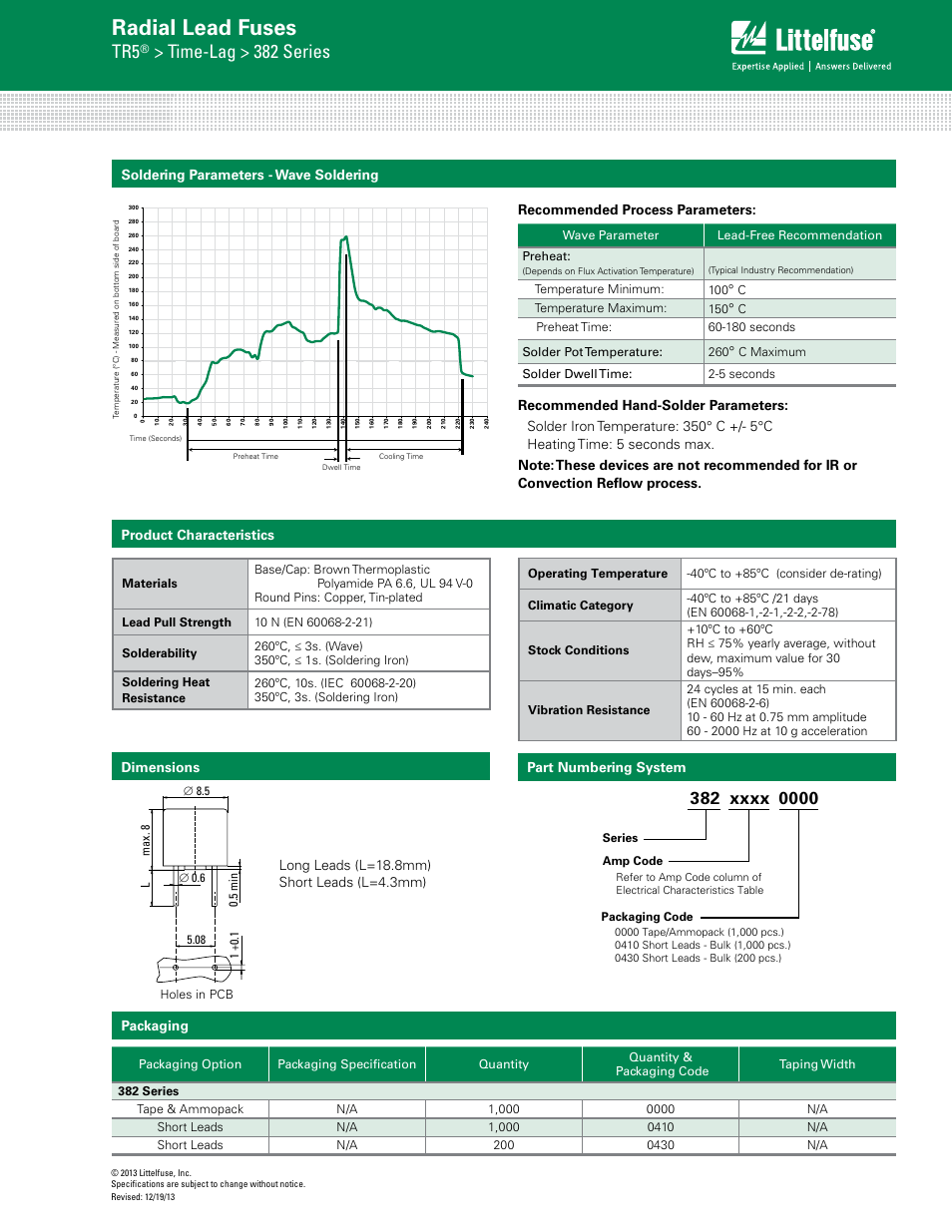 Radial lead fuses, Time-lag > 382 series, Product characteristics | Dimensions | Littelfuse 382 Series User Manual | Page 3 / 3