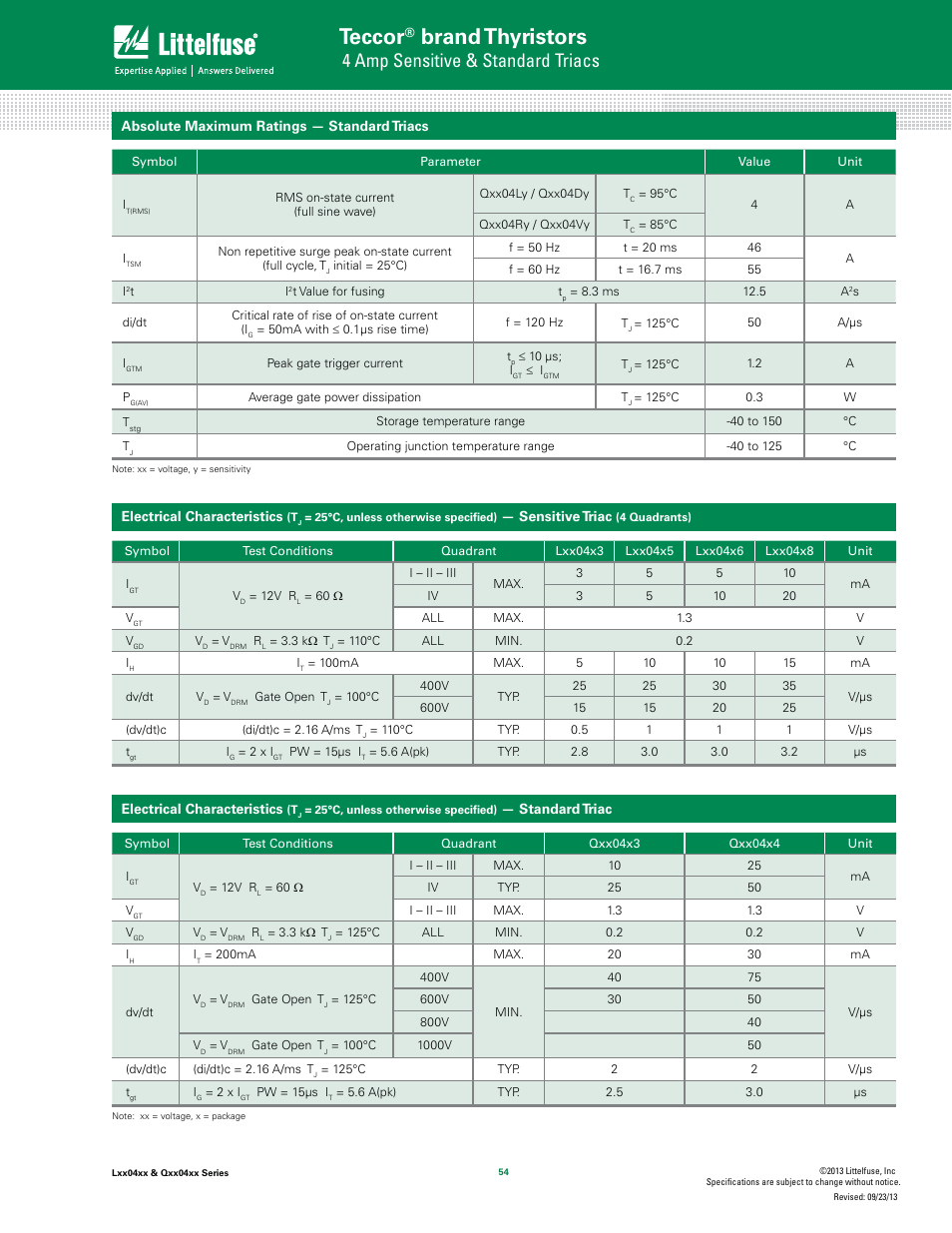 Teccor, Brand thyristors, 4 amp sensitive & standard triacs | Littelfuse Qxx04xx Series User Manual | Page 2 / 10