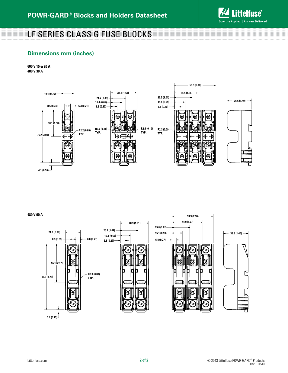 Lf series class g fuse blocks, Powr-gard, Blocks and holders datasheet | Dimensions mm (inches) | Littelfuse LFG Series User Manual | Page 2 / 2