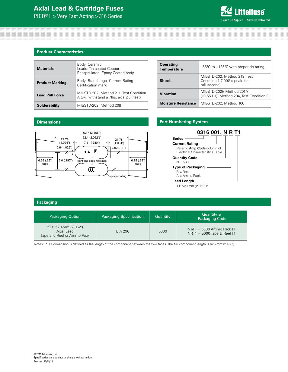 Axial lead & cartridge fuses, Pico, Ll > very fast acting > 316 series | Littelfuse 316 Series User Manual | Page 3 / 3