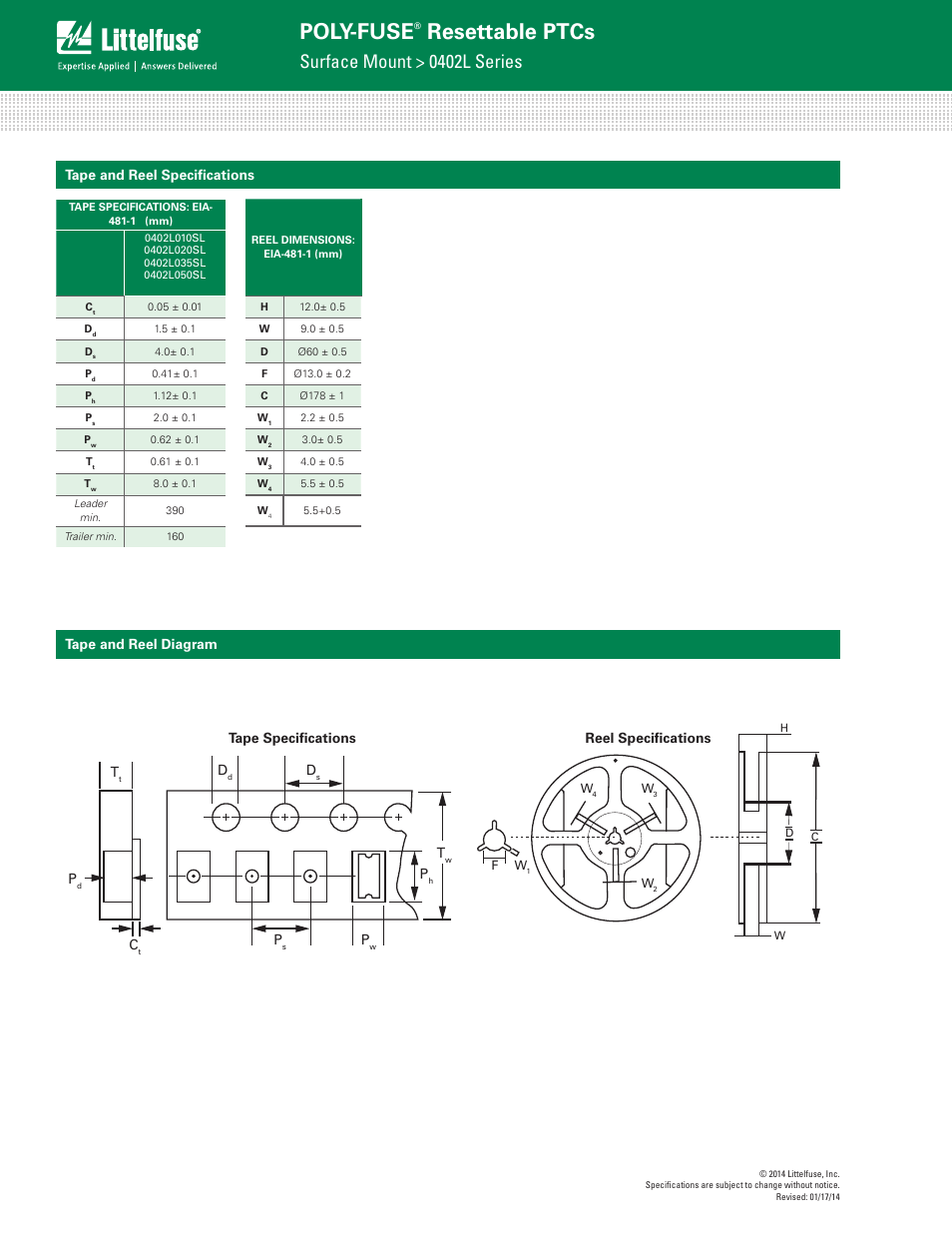 Poly-fuse, Resettable ptcs, Surface mount > 0402l series | Tape and reel specifications tape and reel diagram, Reel specifications, Tape specifications t | Littelfuse 0402L Series User Manual | Page 5 / 5