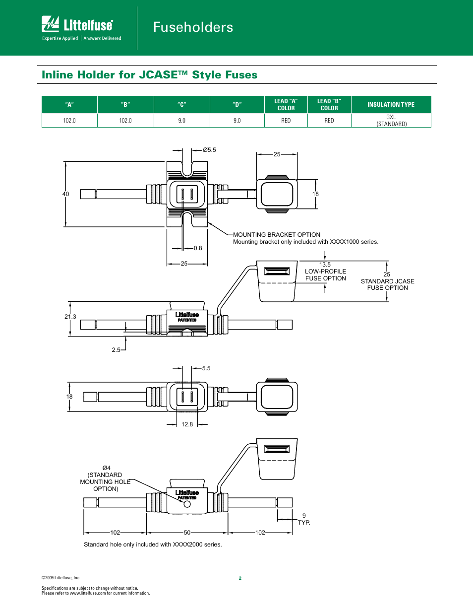 Fuseholders, Inline holder for jcase™ style fuses | Littelfuse JCASE Inline Holder Series User Manual | Page 2 / 2