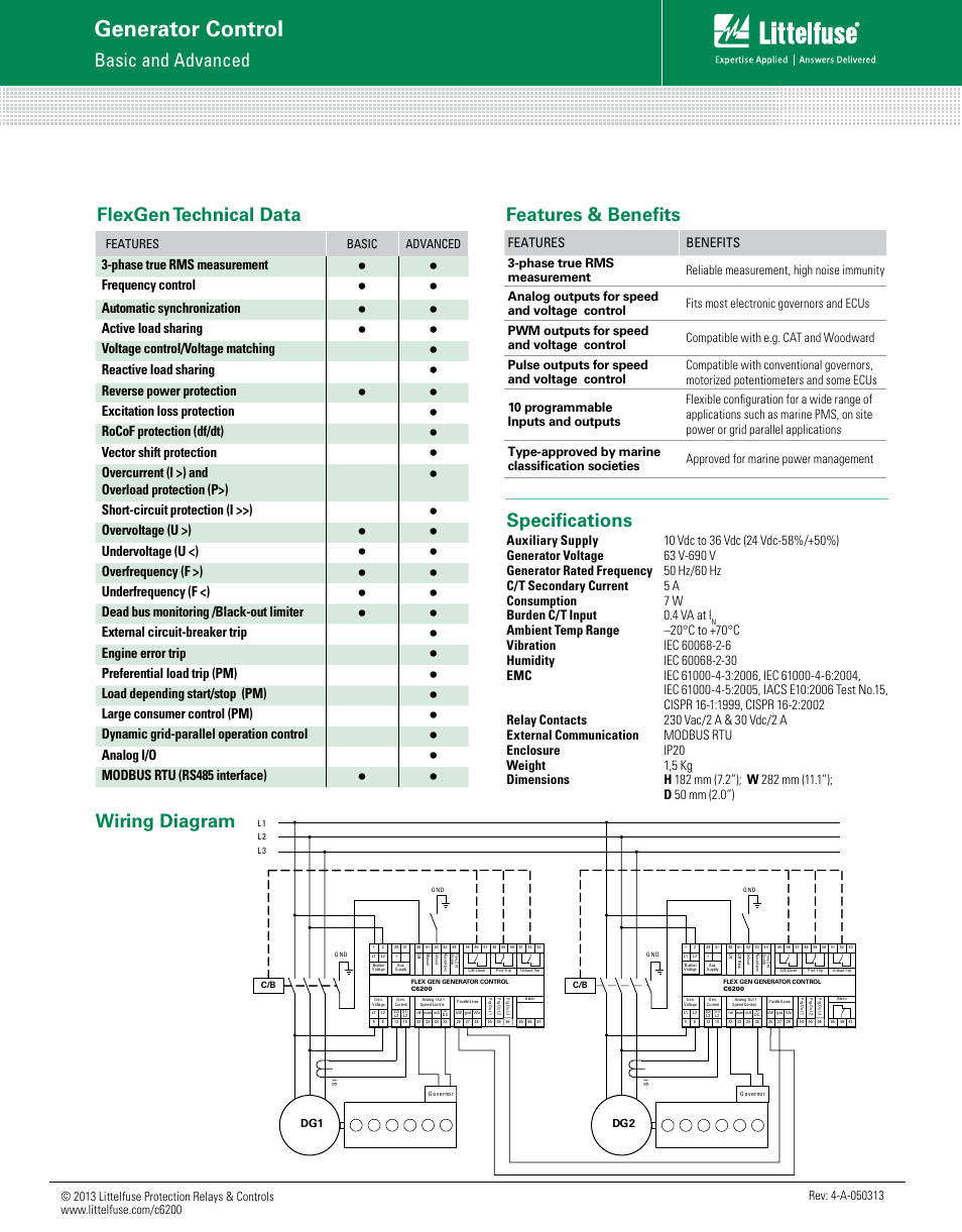 Generator control, Basic and advanced wiring diagram specifications, Flexgen technical data | Features & benefits, Phase true rms measurement, Frequency control, Automatic synchronization, Active load sharing, Voltage control/voltage matching, Reactive load sharing | Littelfuse C6200 Flexgen Series User Manual | Page 2 / 2