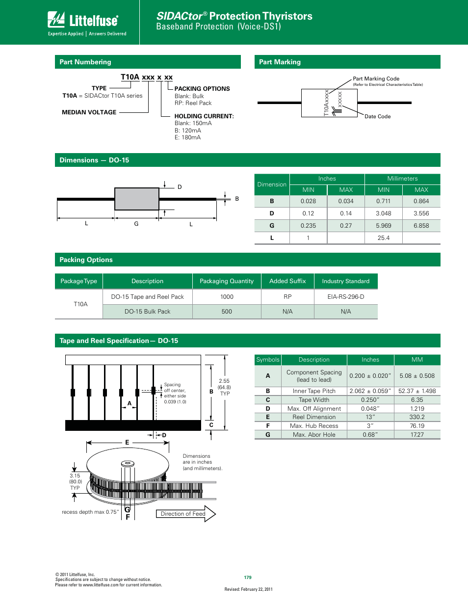 Sidactor, Protection thyristors, Baseband protection (voice-ds1) | Littelfuse T10A Series DO-15 User Manual | Page 4 / 4