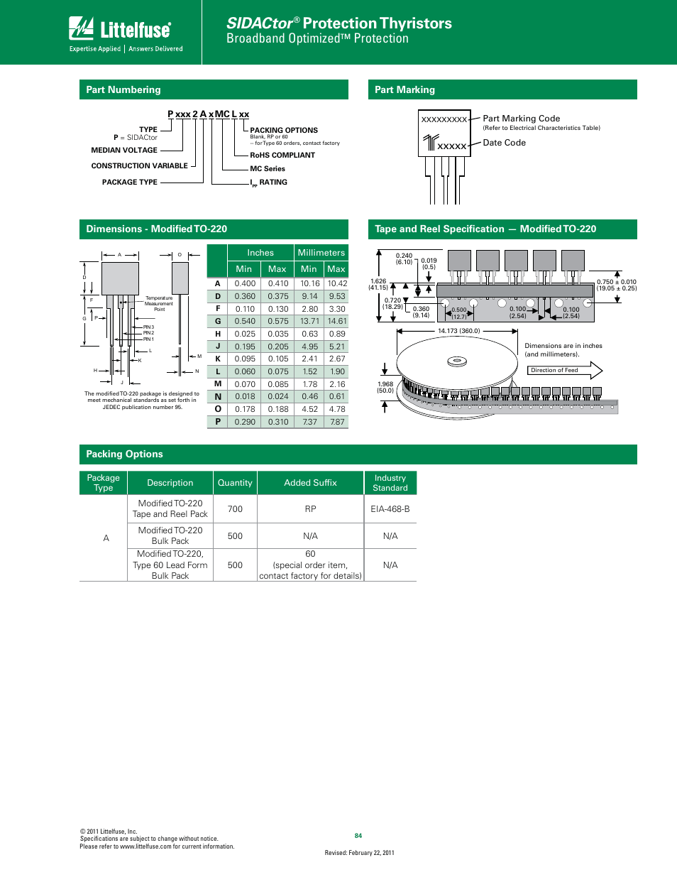 Sidactor, Protection thyristors, Broadband optimized | Protection, Part marking packing options part numbering, Tape and reel speciﬁcation — modiﬁed to-220, Dimensions - modiﬁed to-220 | Littelfuse MC Series TO-220 User Manual | Page 5 / 5