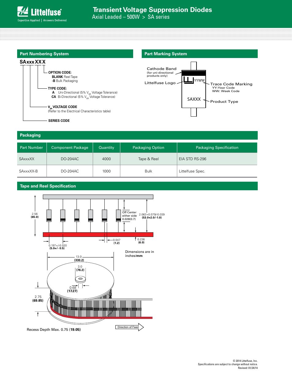 Transient voltage suppression diodes, Axial leaded – 500w > sa series, Saxxx | Littelfuse SA Series User Manual | Page 6 / 6