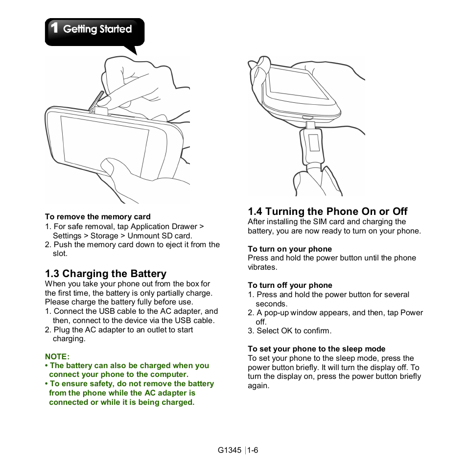 3 charging the battery, 4 turning the phone on or off | GIGABYTE GSmart G1345 User Manual | Page 14 / 59
