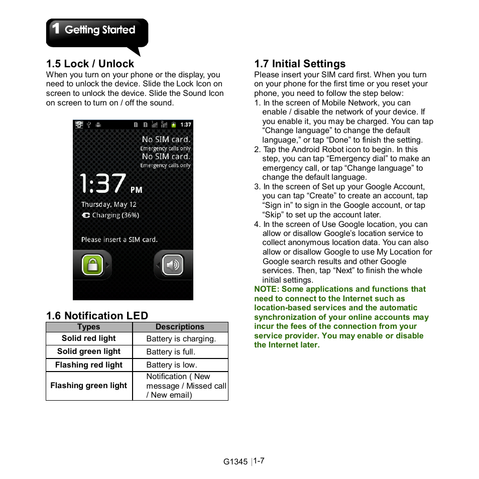 5 lock / unlock, 6 notification led, 7 initial settings | GIGABYTE GSmart G1345 User Manual | Page 15 / 59