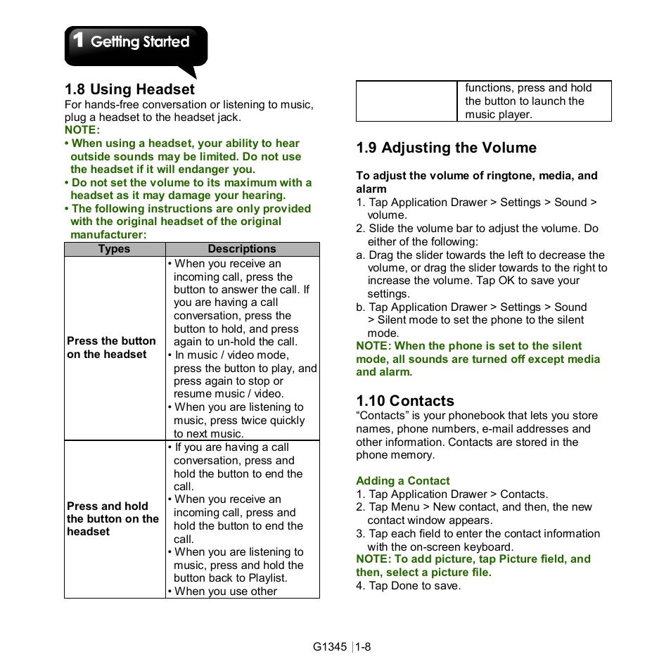 8 using headset, 9 adjusting the volume, 10 contacts | GIGABYTE GSmart G1345 User Manual | Page 16 / 59