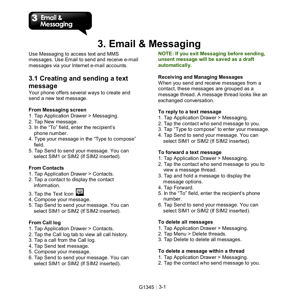 3 email & messaging, Email & messaging, 1 creating and sending a text message | GIGABYTE GSmart G1345 User Manual | Page 27 / 59