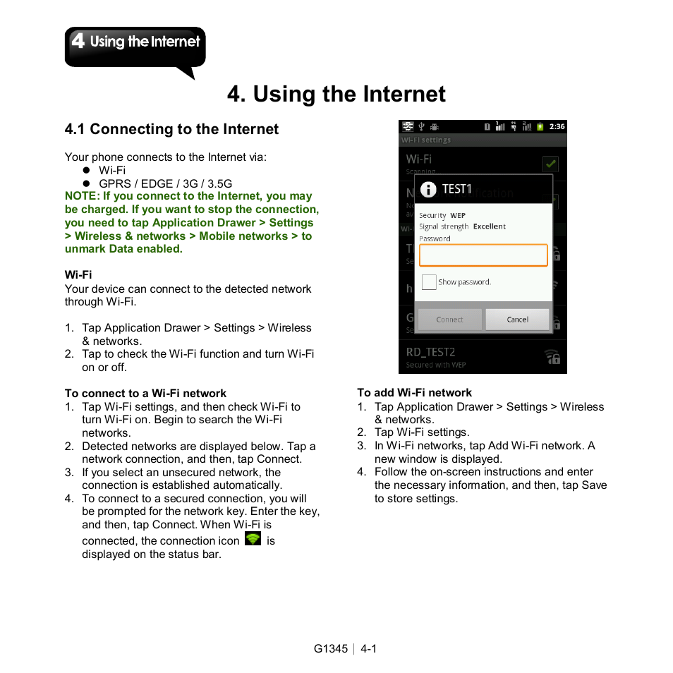 4 using the internet, Using the internet, 1 connecting to the internet | GIGABYTE GSmart G1345 User Manual | Page 31 / 59