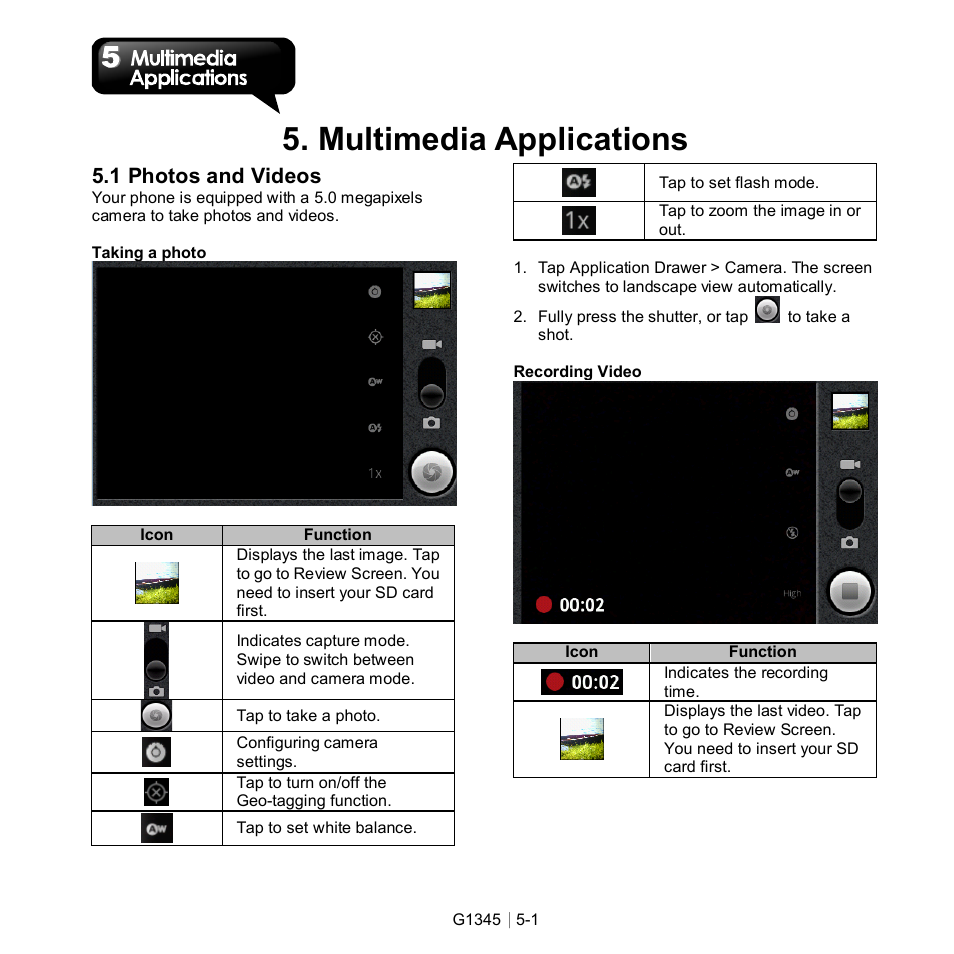 5 multimedia applications, Multimedia applications, 1 photos and videos | GIGABYTE GSmart G1345 User Manual | Page 34 / 59
