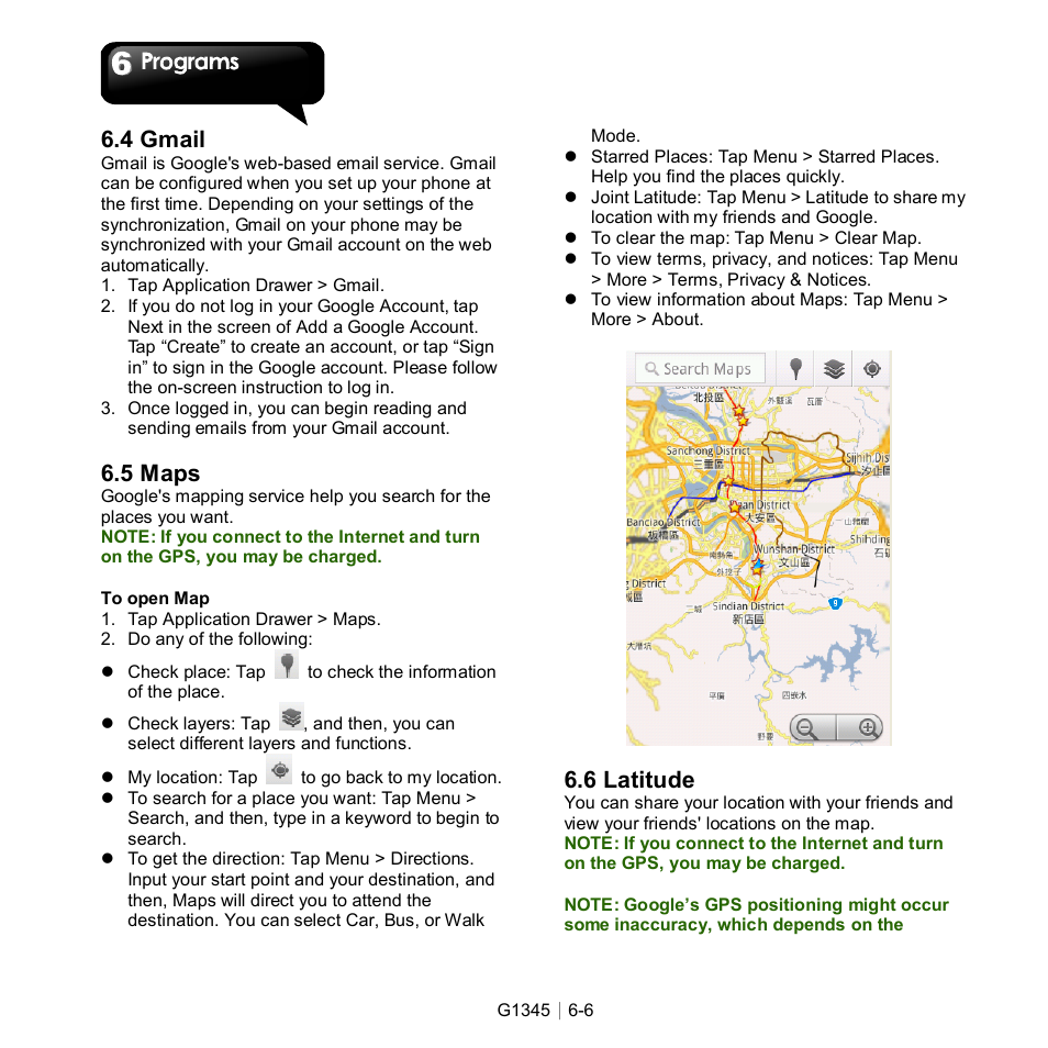 4 gmail, 5 maps, 6 latitude | GIGABYTE GSmart G1345 User Manual | Page 45 / 59