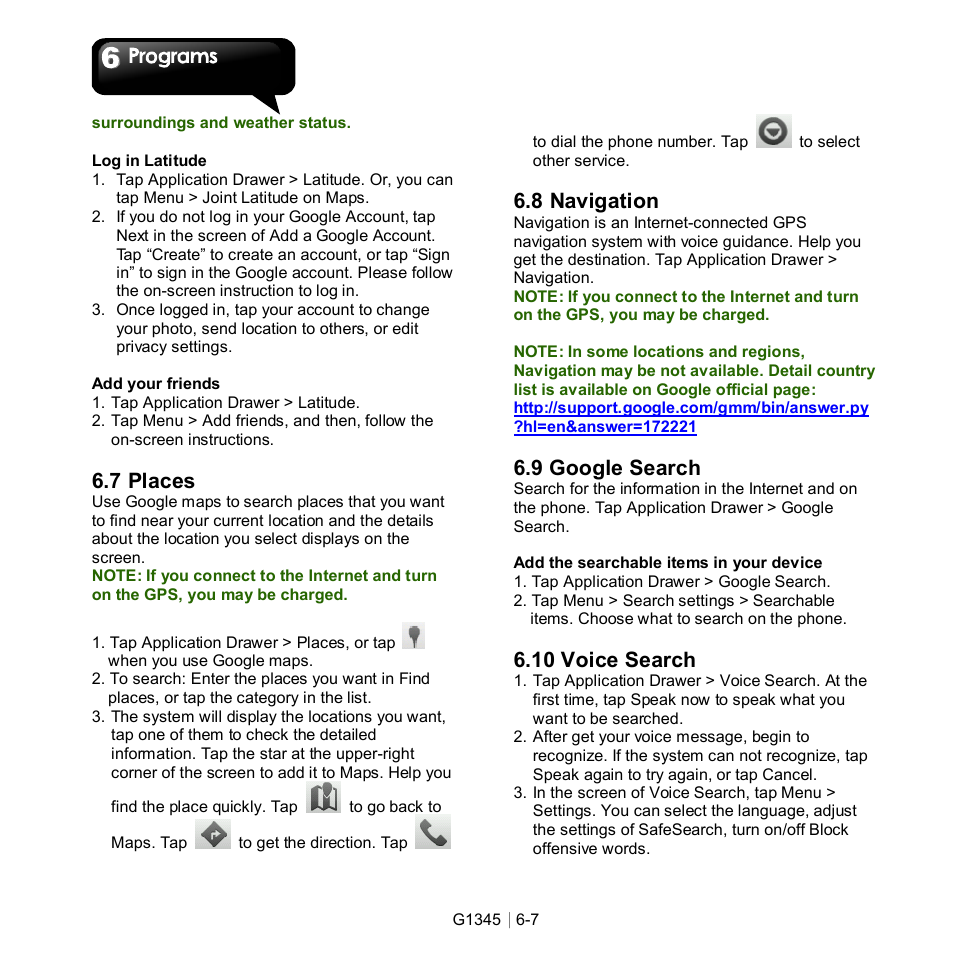 7 places, 8 navigation, 9 google search | 10 voice search | GIGABYTE GSmart G1345 User Manual | Page 46 / 59