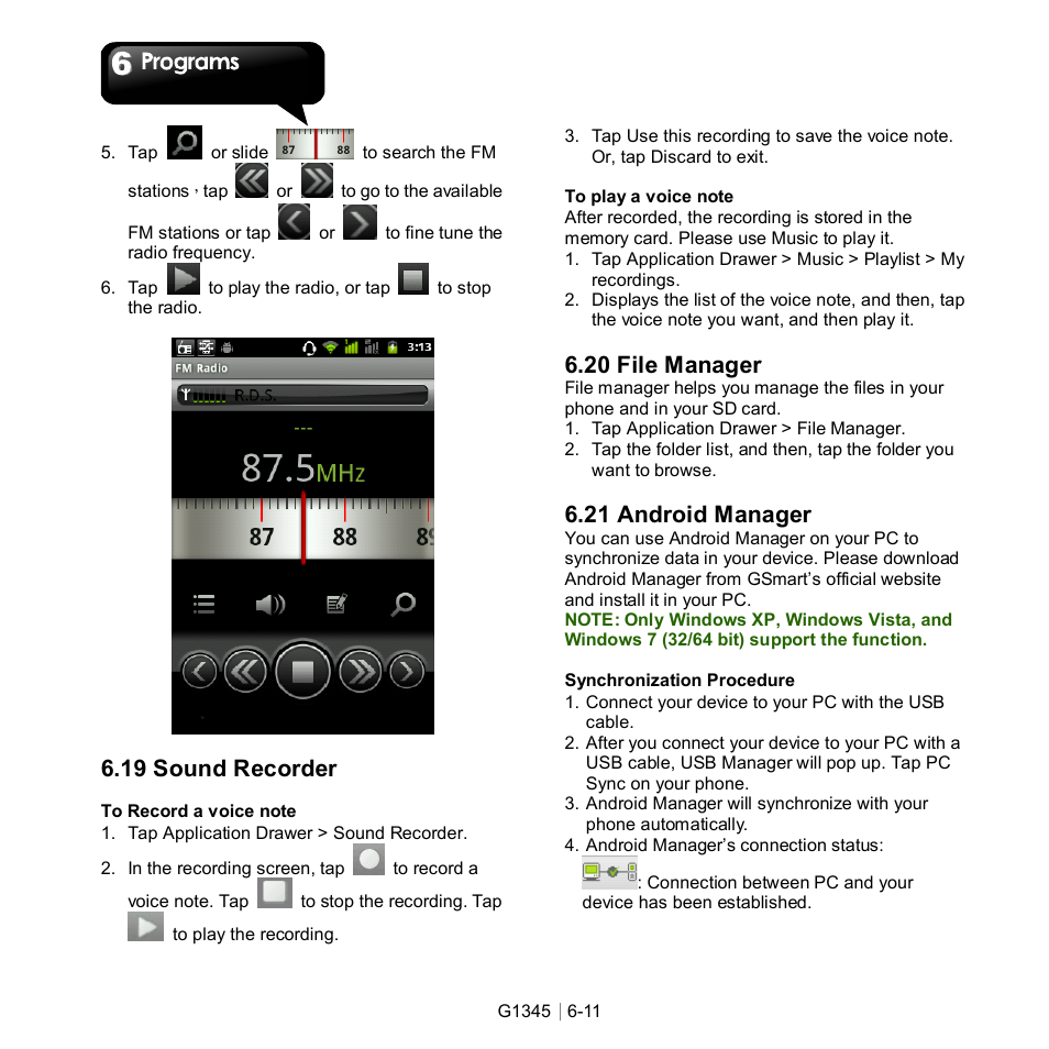 19 sound recorder, 20 file manager, 21 android manager | GIGABYTE GSmart G1345 User Manual | Page 50 / 59