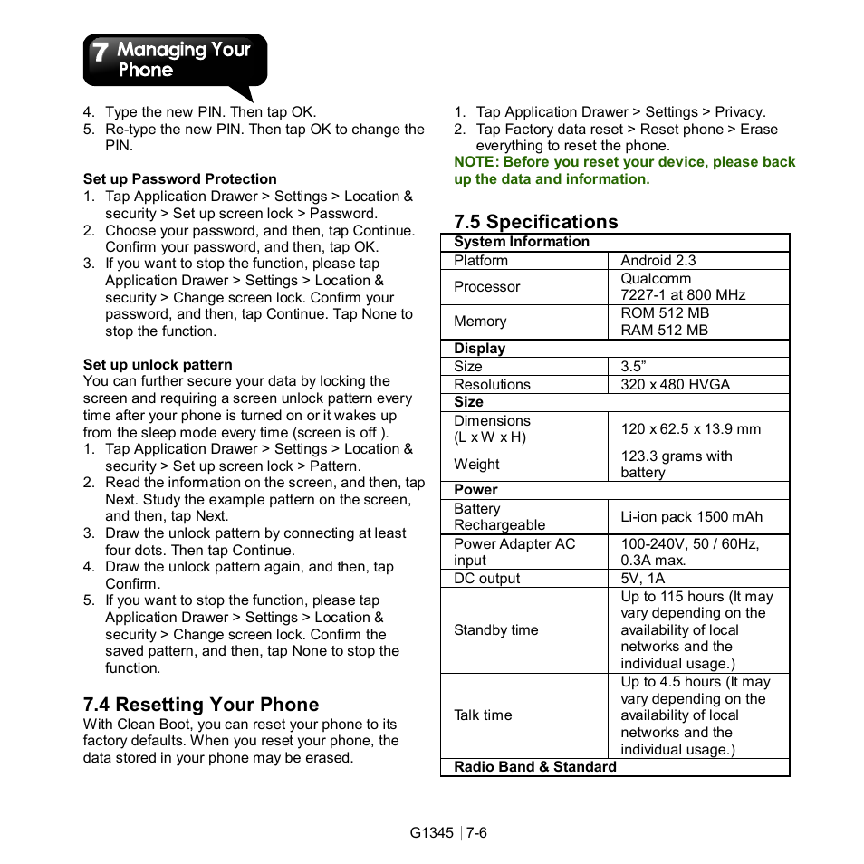 4 resetting your phone, 5 specifications | GIGABYTE GSmart G1345 User Manual | Page 58 / 59