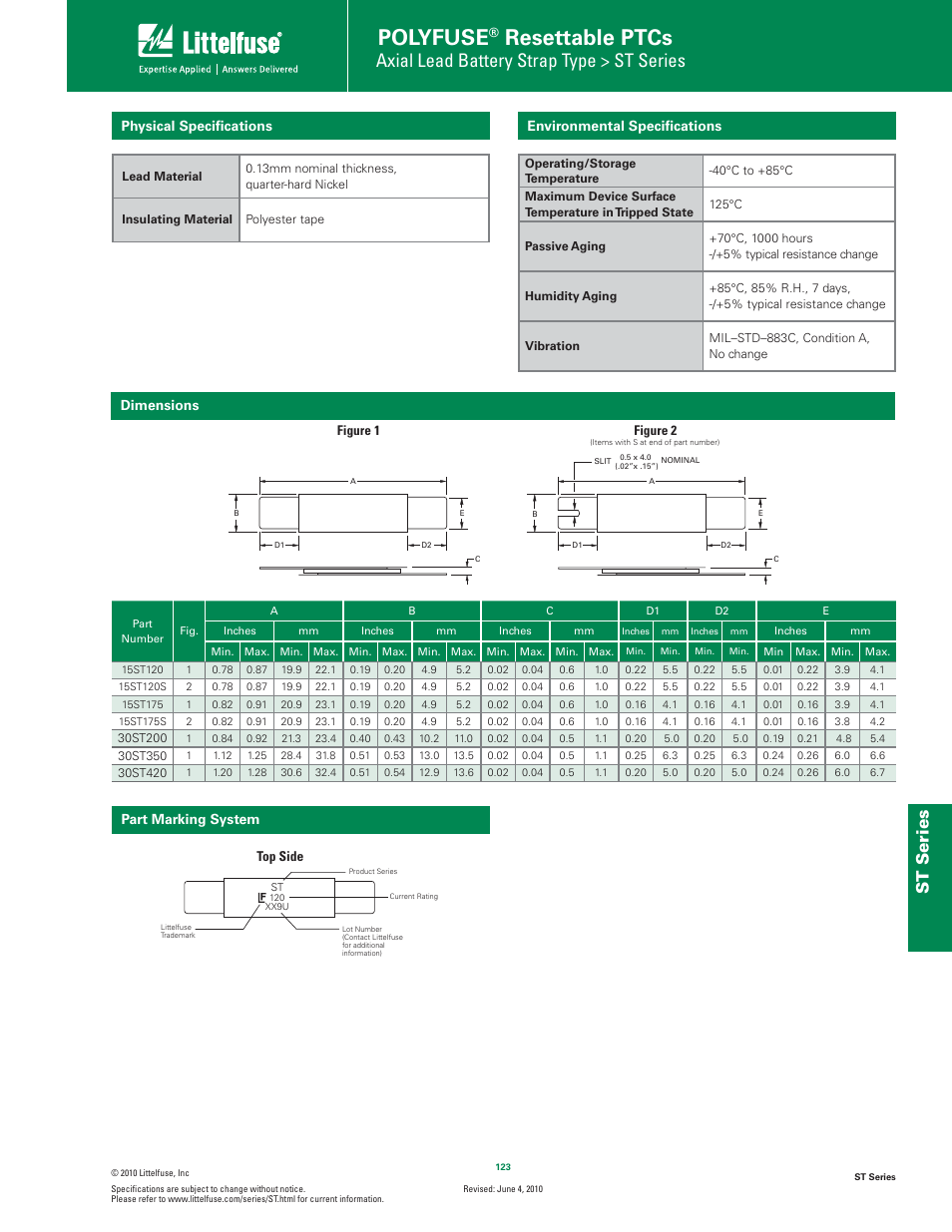 Polyfuse, Resettable ptcs, Axial lead battery strap type > st series | St s eries, Environmental speciﬁcations, Physical speciﬁcations, Part marking system dimensions | Littelfuse ST Series User Manual | Page 3 / 4