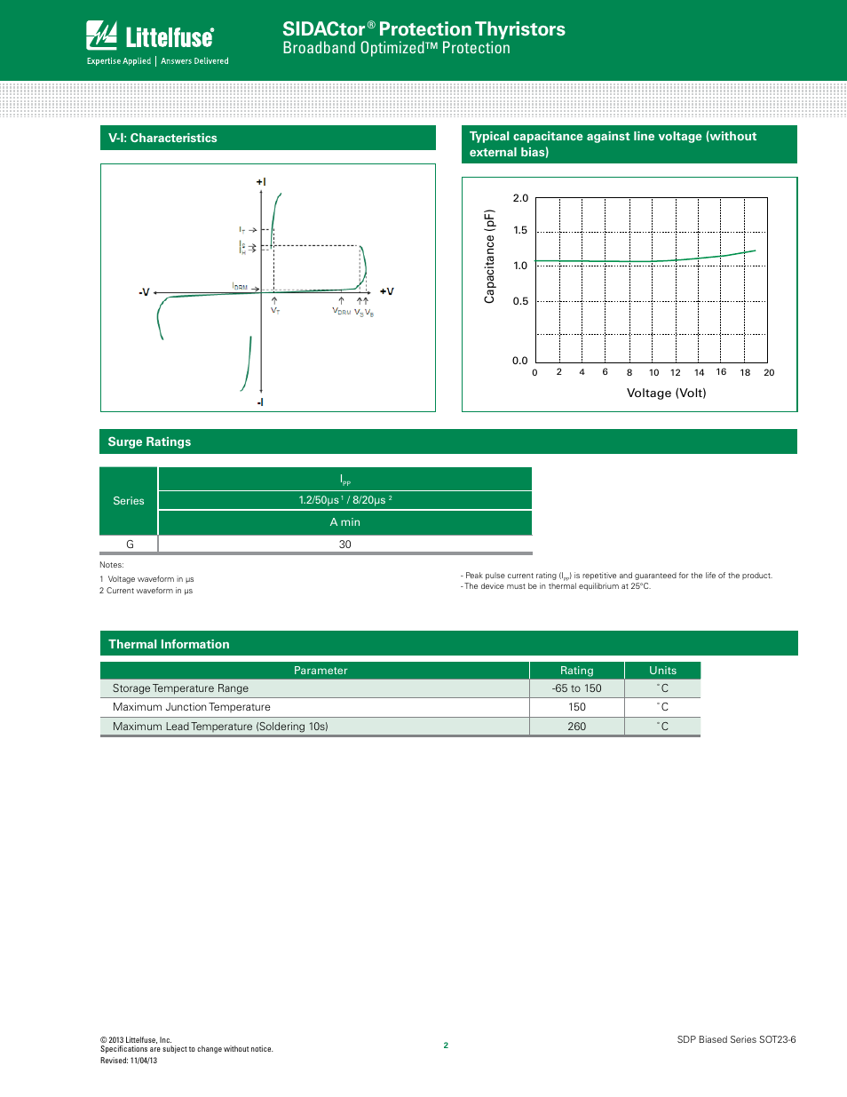 Sidactor, Protection thyristors, Broadband optimized | Protection | Littelfuse SDP Biased Series SOT23-6 User Manual | Page 2 / 5