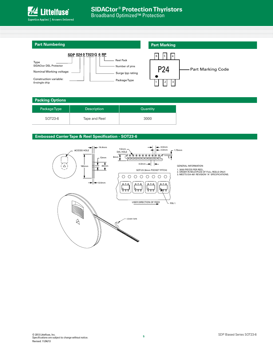 Sidactor, Protection thyristors, Broadband optimized | Protection, Packing options | Littelfuse SDP Biased Series SOT23-6 User Manual | Page 5 / 5