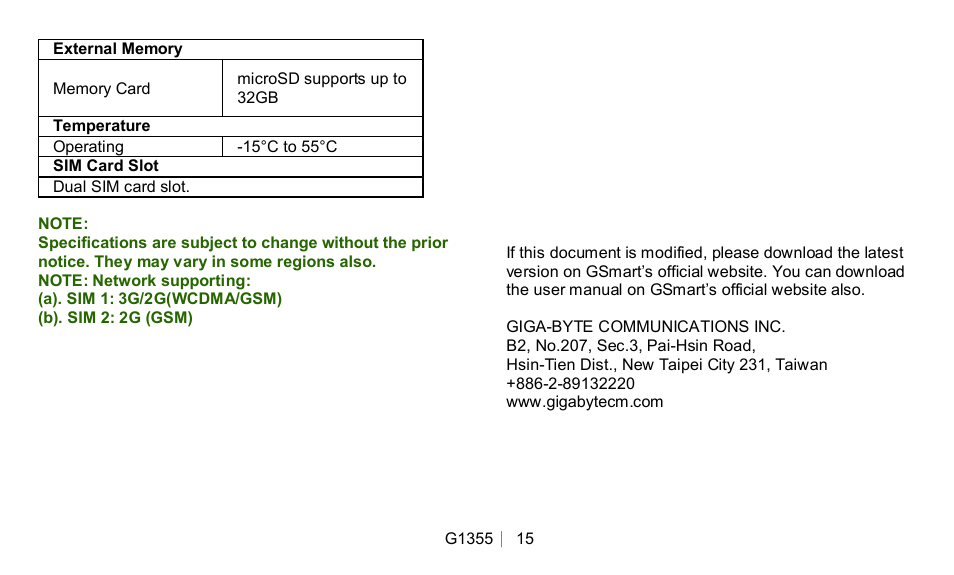 GIGABYTE GSmart G1355 User Manual | Page 15 / 15