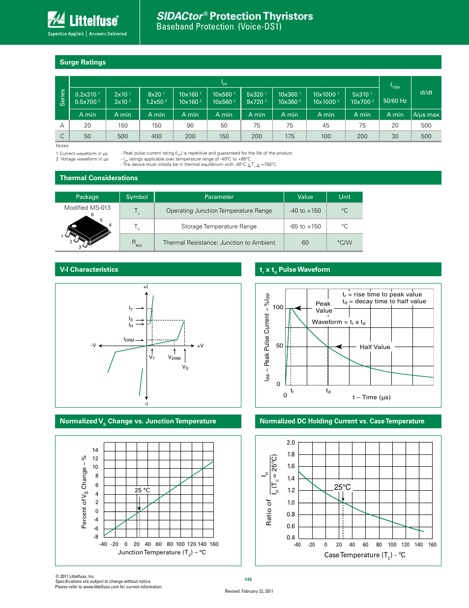 Sidactor, Protection thyristors, Baseband protection (voice-ds1) | 25°c | Littelfuse SIDACtor Multiport Series MS-013 User Manual | Page 3 / 5