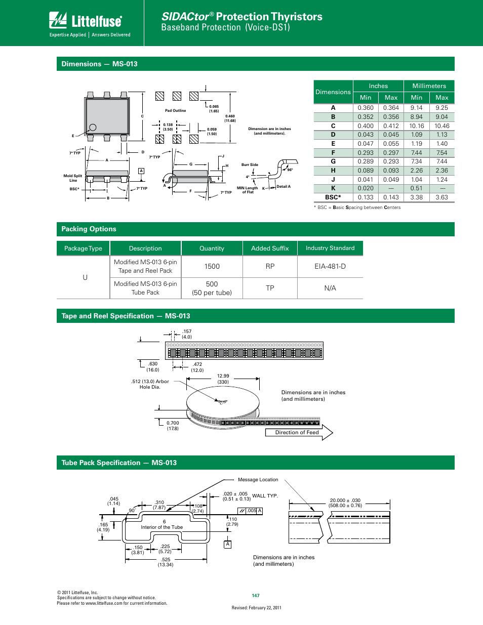 Sidactor, Protection thyristors, Baseband protection (voice-ds1) | Dimensions — ms-013, Tube pack speciﬁcation — ms-013 | Littelfuse SIDACtor Multiport Series MS-013 User Manual | Page 5 / 5