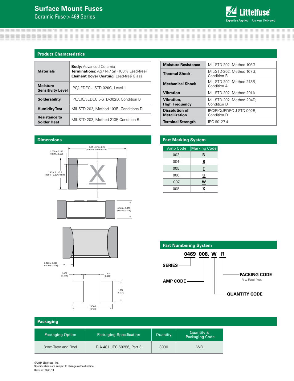 Surface mount fuses, Ceramic fuse > 469 series | Littelfuse 469 Series User Manual | Page 3 / 3