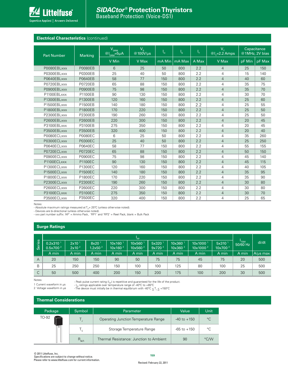 Sidactor, Protection thyristors, Baseband protection (voice-ds1) | Littelfuse SIDACtor Series TO-92 User Manual | Page 2 / 5