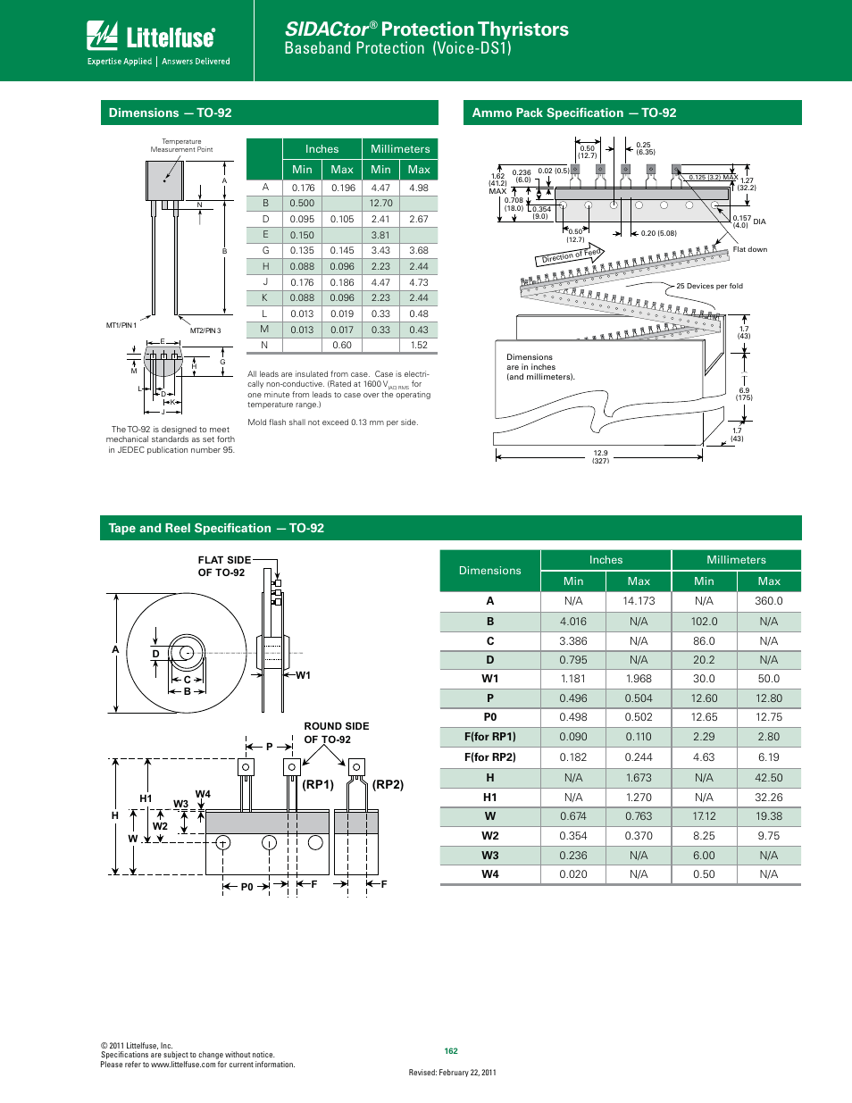 Sidactor, Protection thyristors, Baseband protection (voice-ds1) | Dimensions — to-92 ammo pack speciﬁcation — to-92, Tape and reel speciﬁcation — to-92 | Littelfuse SIDACtor Series TO-92 User Manual | Page 5 / 5