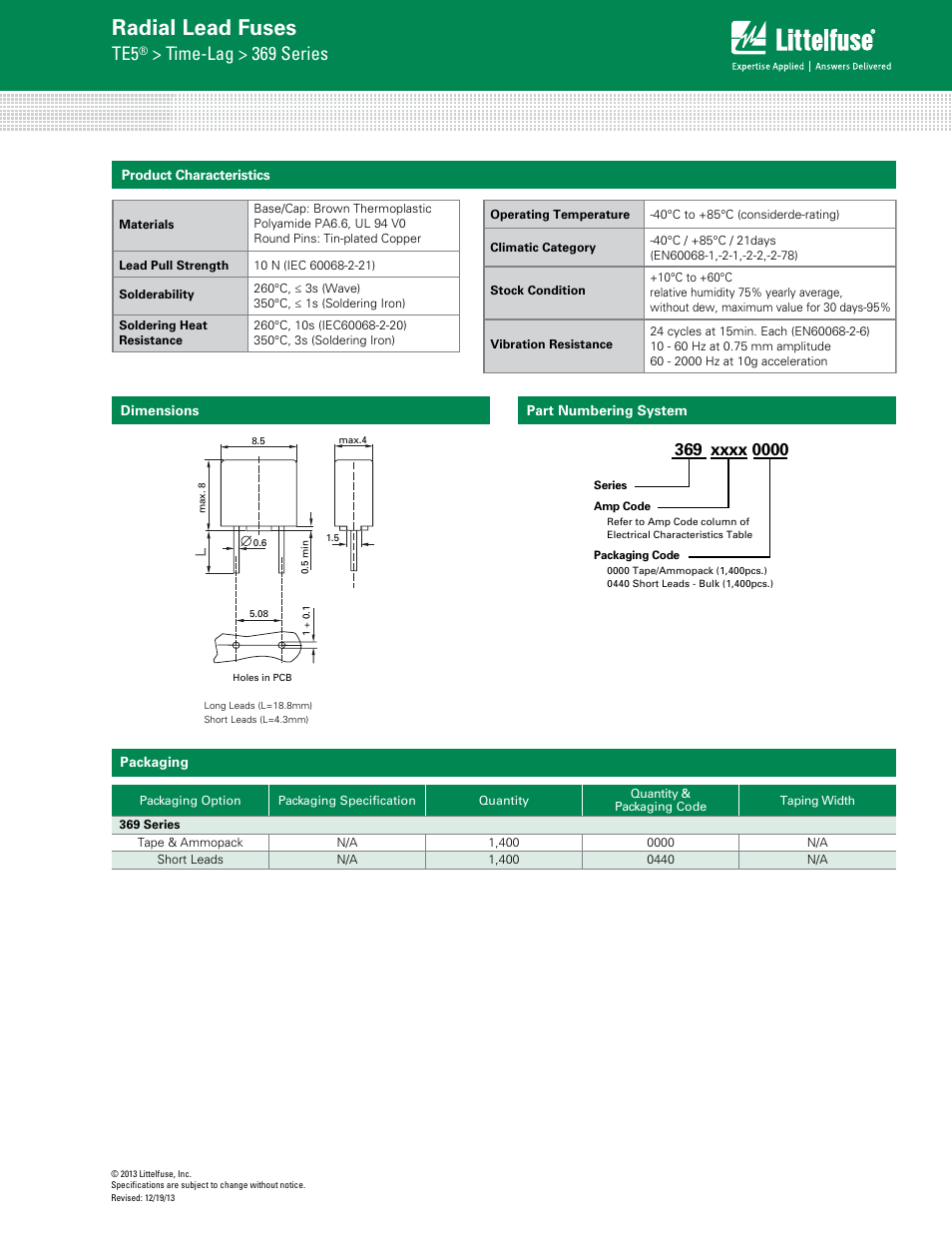 Radial lead fuses, Time-lag > 369 series | Littelfuse 369 Series User Manual | Page 3 / 3