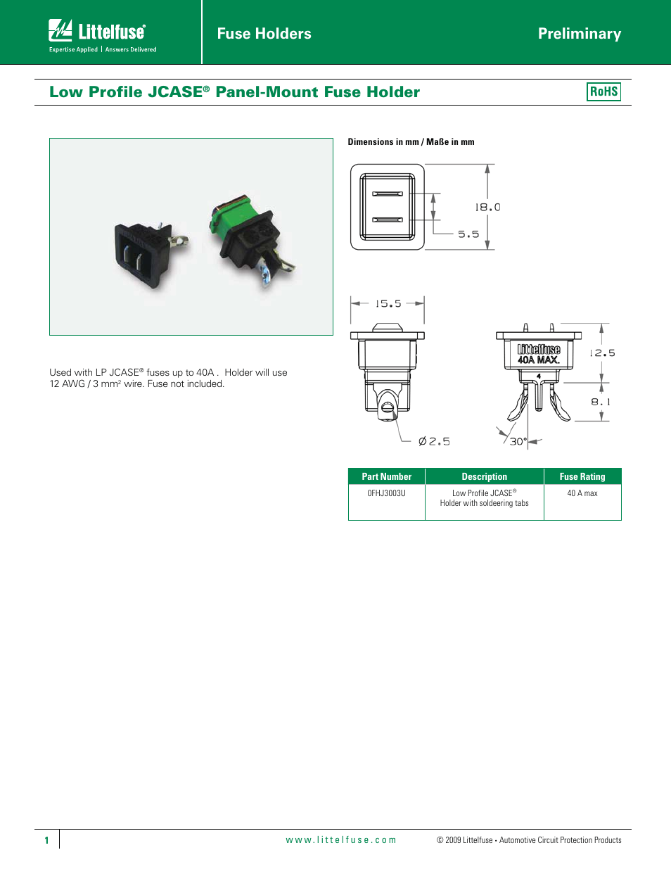 Littelfuse Low Profile JCASE Holder Series User Manual | 1 page