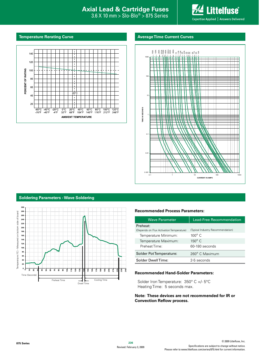 Introduction to circuit protection, Axial lead & cartridge fuses, Transientology | 6 x 10 mm > slo-blo, 875 series, Wave parameter lead-free recommendation preheat, 5fnqfsbuvsf.jojnvn 100, 5fnqfsbuvsf.byjnvn 150, Byjnvn solder dwell time: 2-5 seconds | Littelfuse 875 Series User Manual | Page 2 / 3