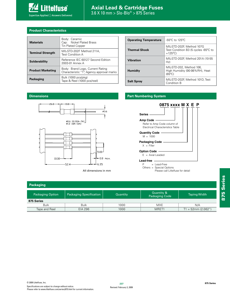Axial lead & cartridge fuses, 6 x 10 mm > slo-blo, 875 series | Littelfuse 875 Series User Manual | Page 3 / 3