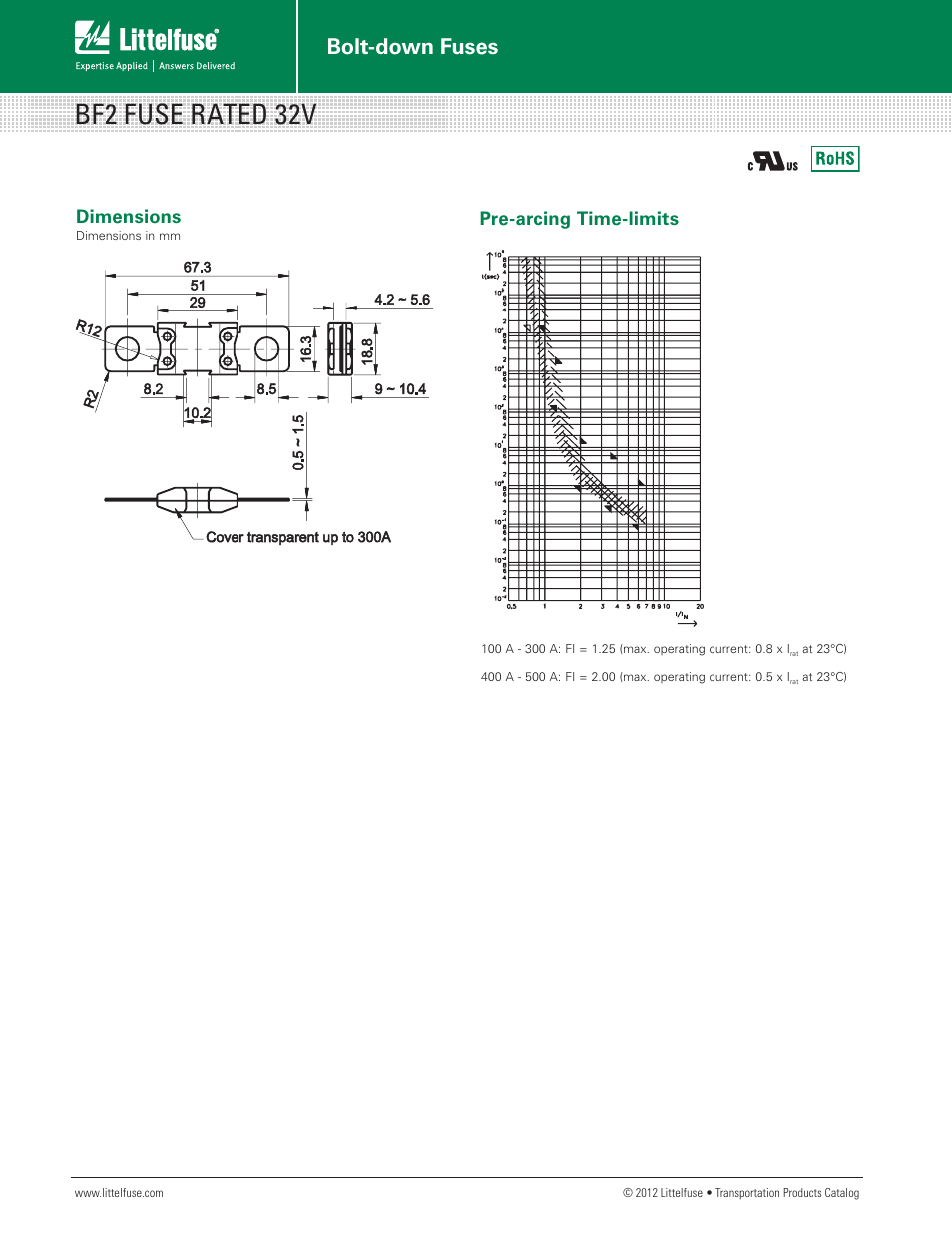 Bf2 fuse rated 32v, Bolt-down fuses, Dimensions | Pre-arcing time-limits | Littelfuse BF2 32V Series User Manual | Page 2 / 2