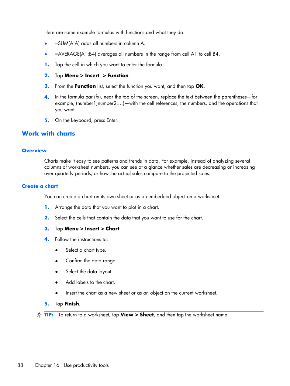 Work with charts, Overview, Create a chart | Overview create a chart | HP iPAQ Glisten User Manual | Page 100 / 185