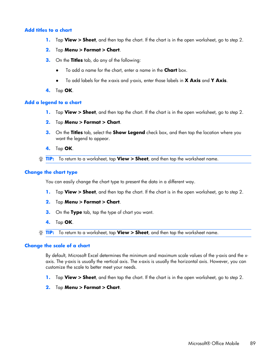 Add titles to a chart, Add a legend to a chart, Change the chart type | Change the scale of a chart | HP iPAQ Glisten User Manual | Page 101 / 185