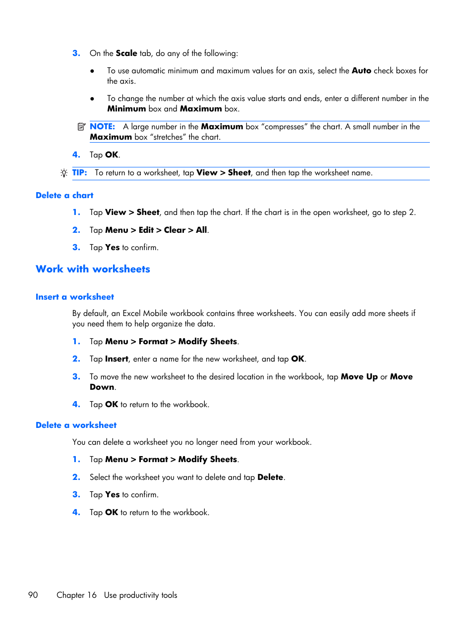 Delete a chart, Work with worksheets, Insert a worksheet | Delete a worksheet, Insert a worksheet delete a worksheet | HP iPAQ Glisten User Manual | Page 102 / 185