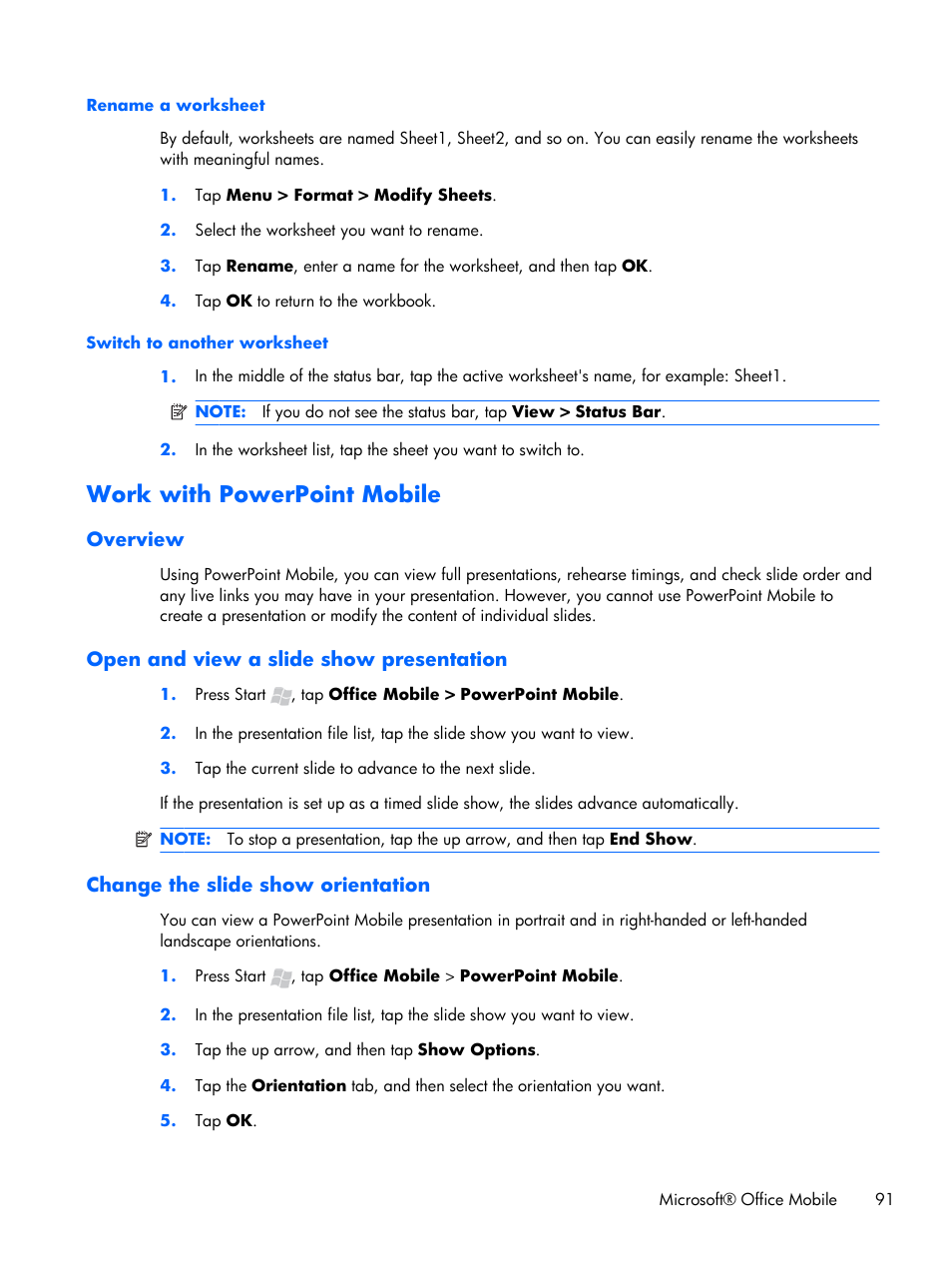 Rename a worksheet, Switch to another worksheet, Work with powerpoint mobile | Overview, Open and view a slide show presentation, Change the slide show orientation, Rename a worksheet switch to another worksheet | HP iPAQ Glisten User Manual | Page 103 / 185