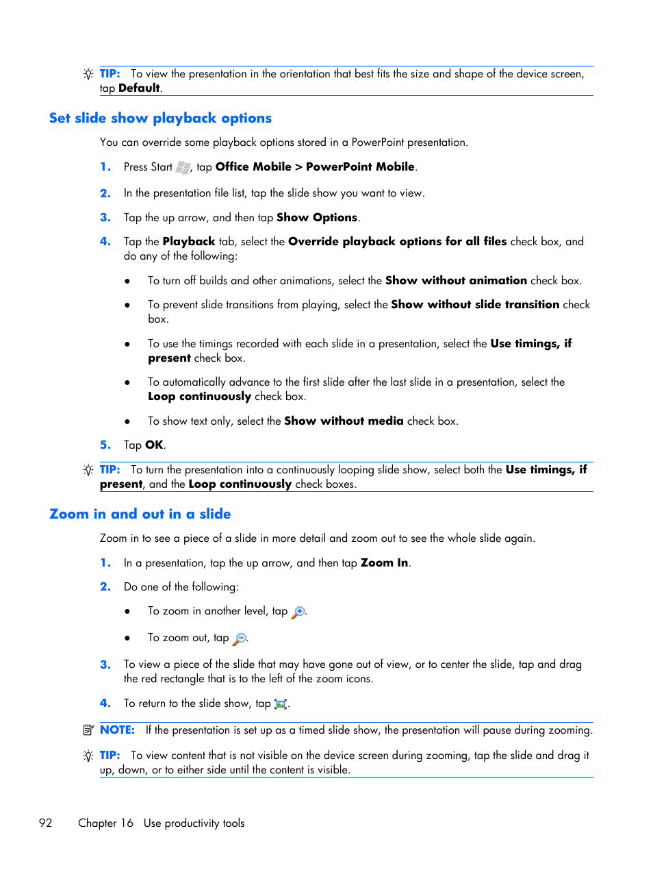 Set slide show playback options, Zoom in and out in a slide | HP iPAQ Glisten User Manual | Page 104 / 185