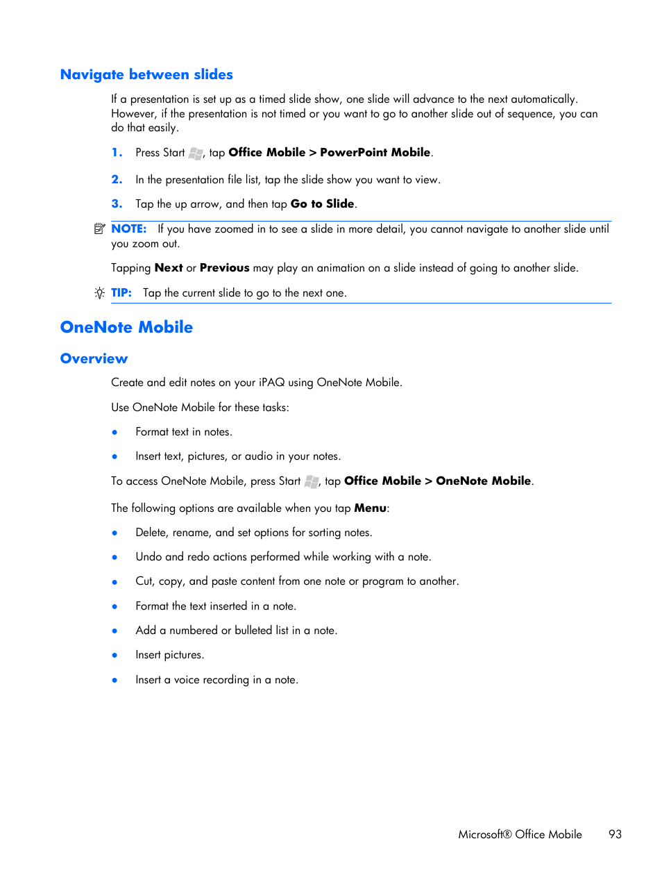 Navigate between slides, Onenote mobile, Overview | HP iPAQ Glisten User Manual | Page 105 / 185