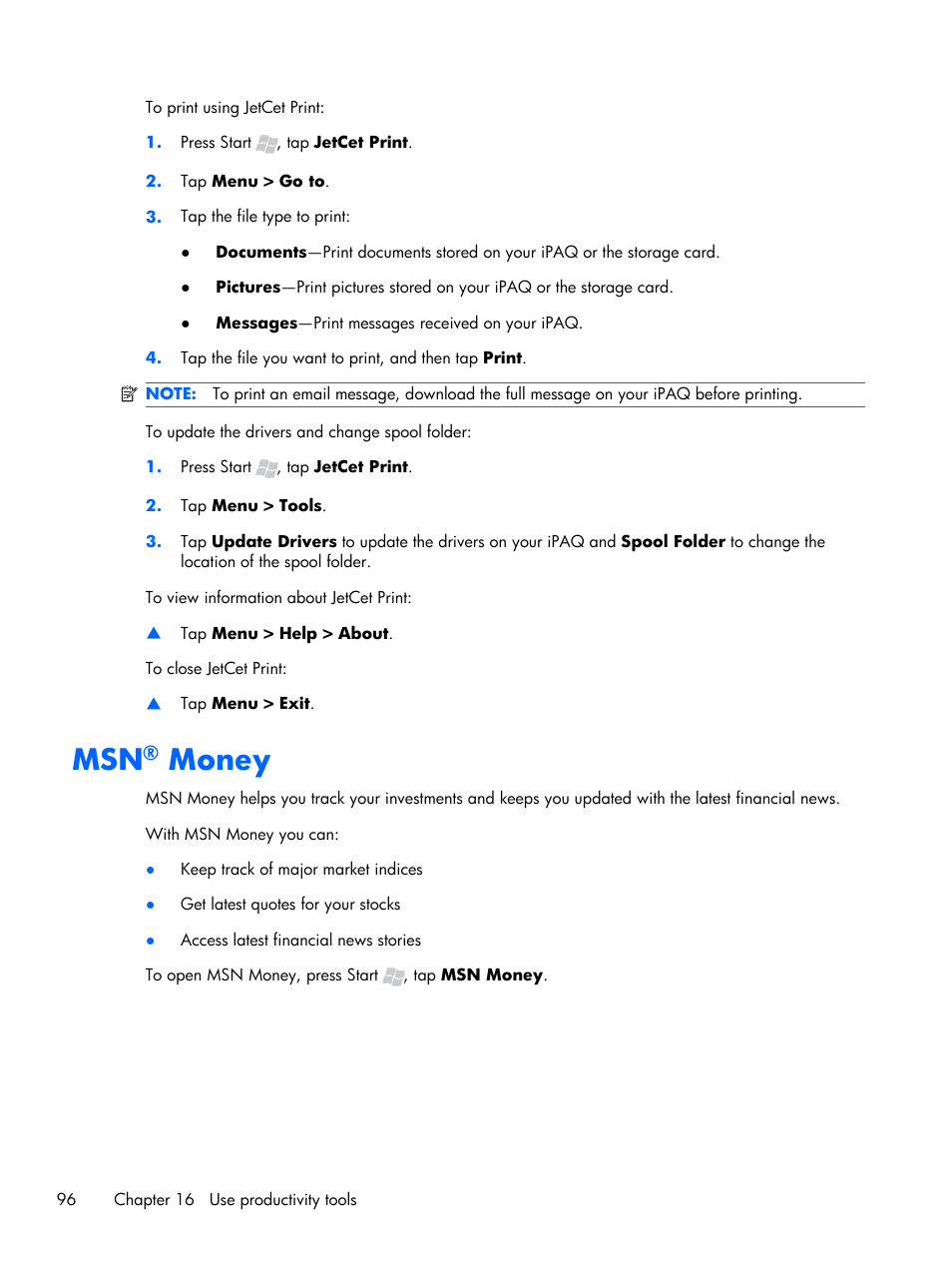 Msn® money, Money | HP iPAQ Glisten User Manual | Page 108 / 185