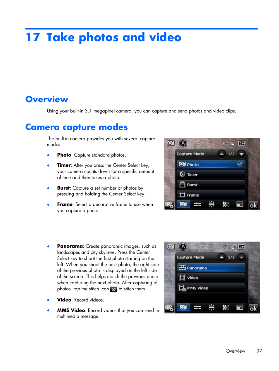 Take photos and video, Overview, Camera capture modes | 17 take photos and video, Overview camera capture modes | HP iPAQ Glisten User Manual | Page 109 / 185