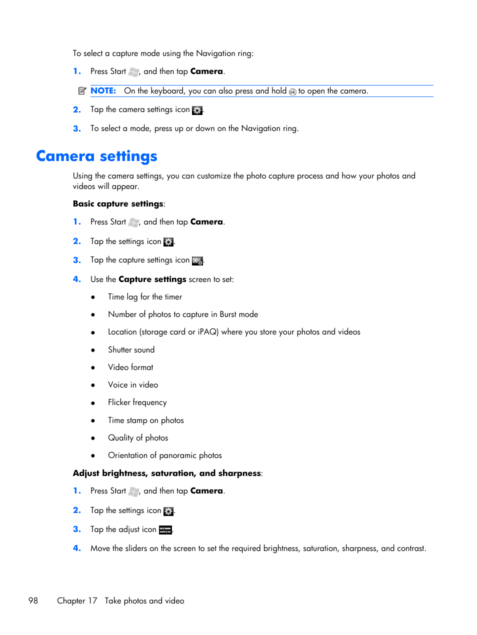 Camera settings | HP iPAQ Glisten User Manual | Page 110 / 185