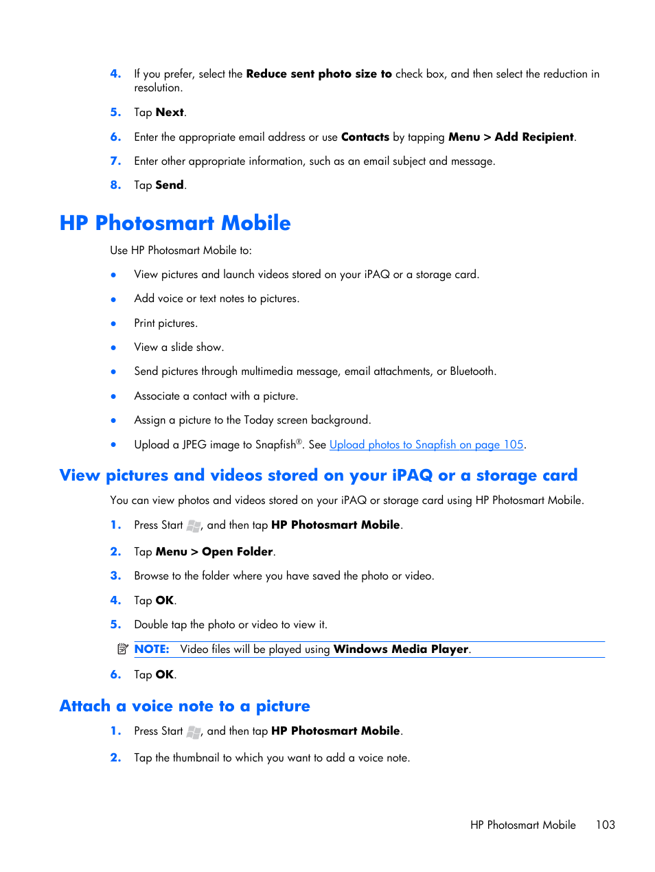 Hp photosmart mobile, Attach a voice note to a picture | HP iPAQ Glisten User Manual | Page 115 / 185