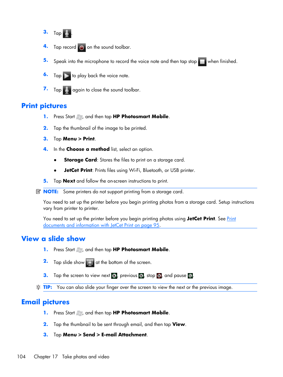 Print pictures, View a slide show, Email pictures | Print pictures view a slide show email pictures | HP iPAQ Glisten User Manual | Page 116 / 185