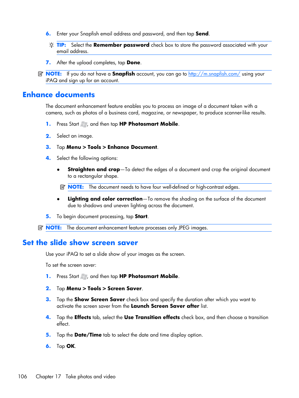 Enhance documents, Set the slide show screen saver, Enhance documents set the slide show screen saver | HP iPAQ Glisten User Manual | Page 118 / 185